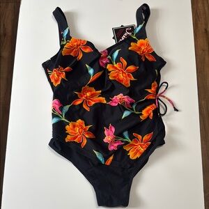 Vibrant Black and Orange One Piece Swimsuit with Ruched Side